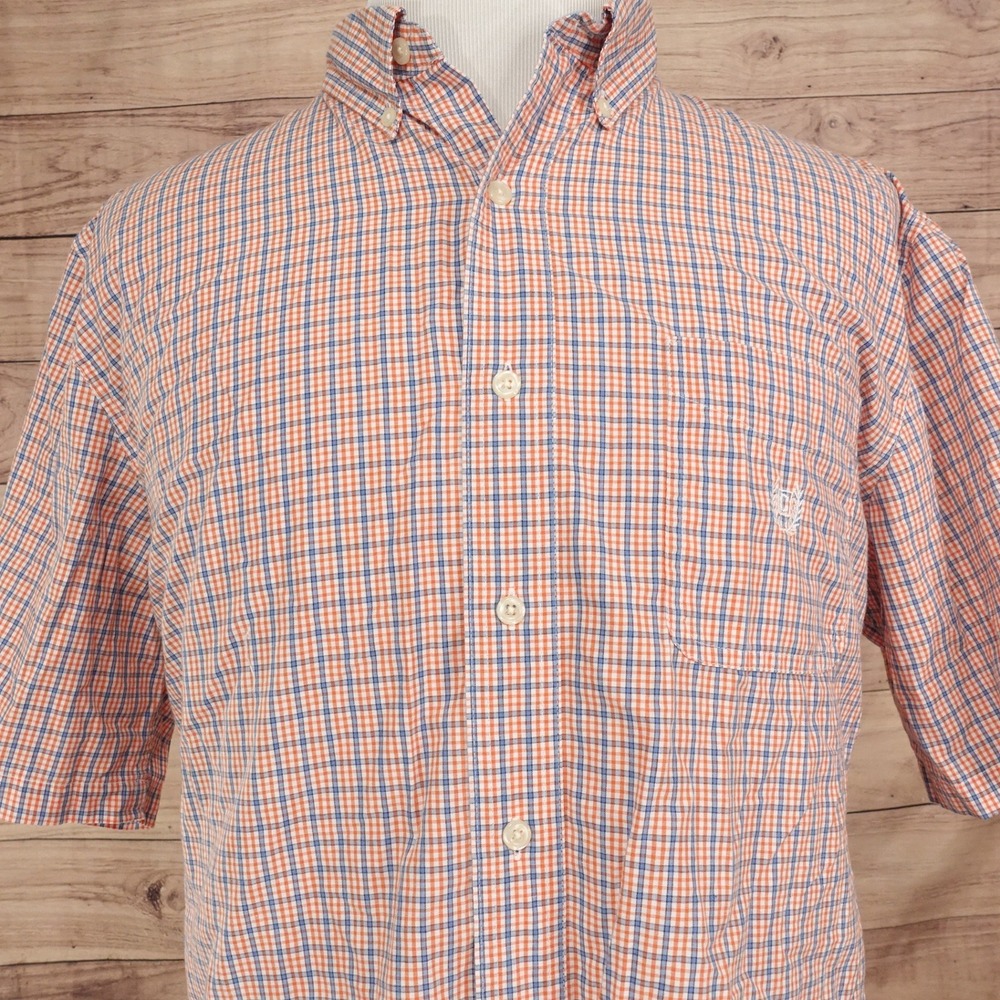 Chaps Button Down Shirt Mens XL Orange Blue Plaid Excellent Easy Care SS